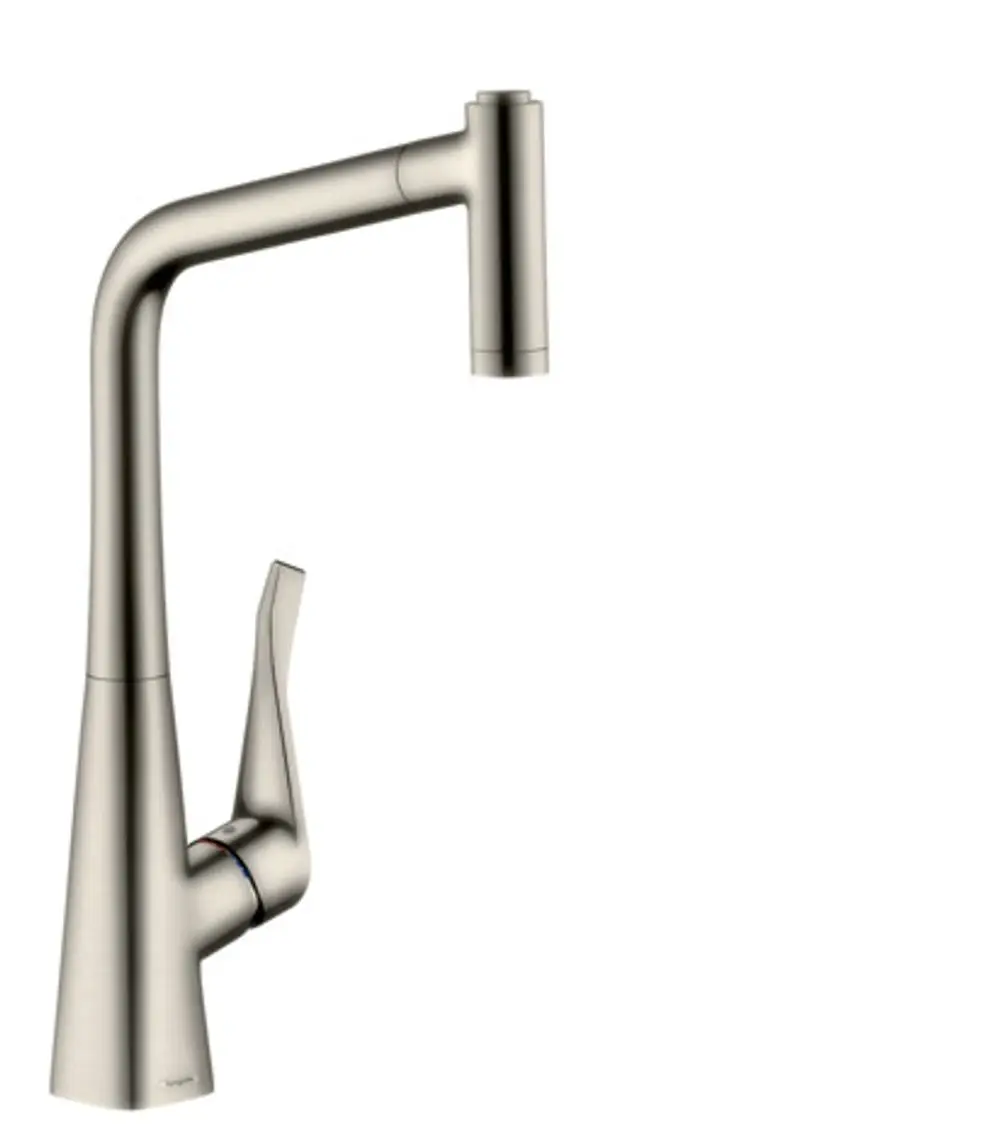 Spültischmischer in Edelstahl-Optik von Hansgrohe mit Ausziehbrause und zwei Strahlarten, geeignet für den Einsatz in der Küche.